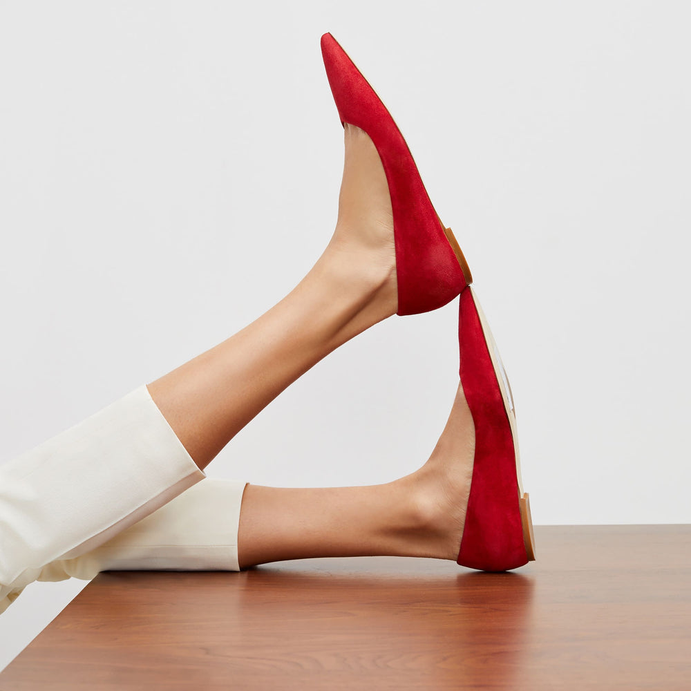 woman wearing rowan flat suede cherry