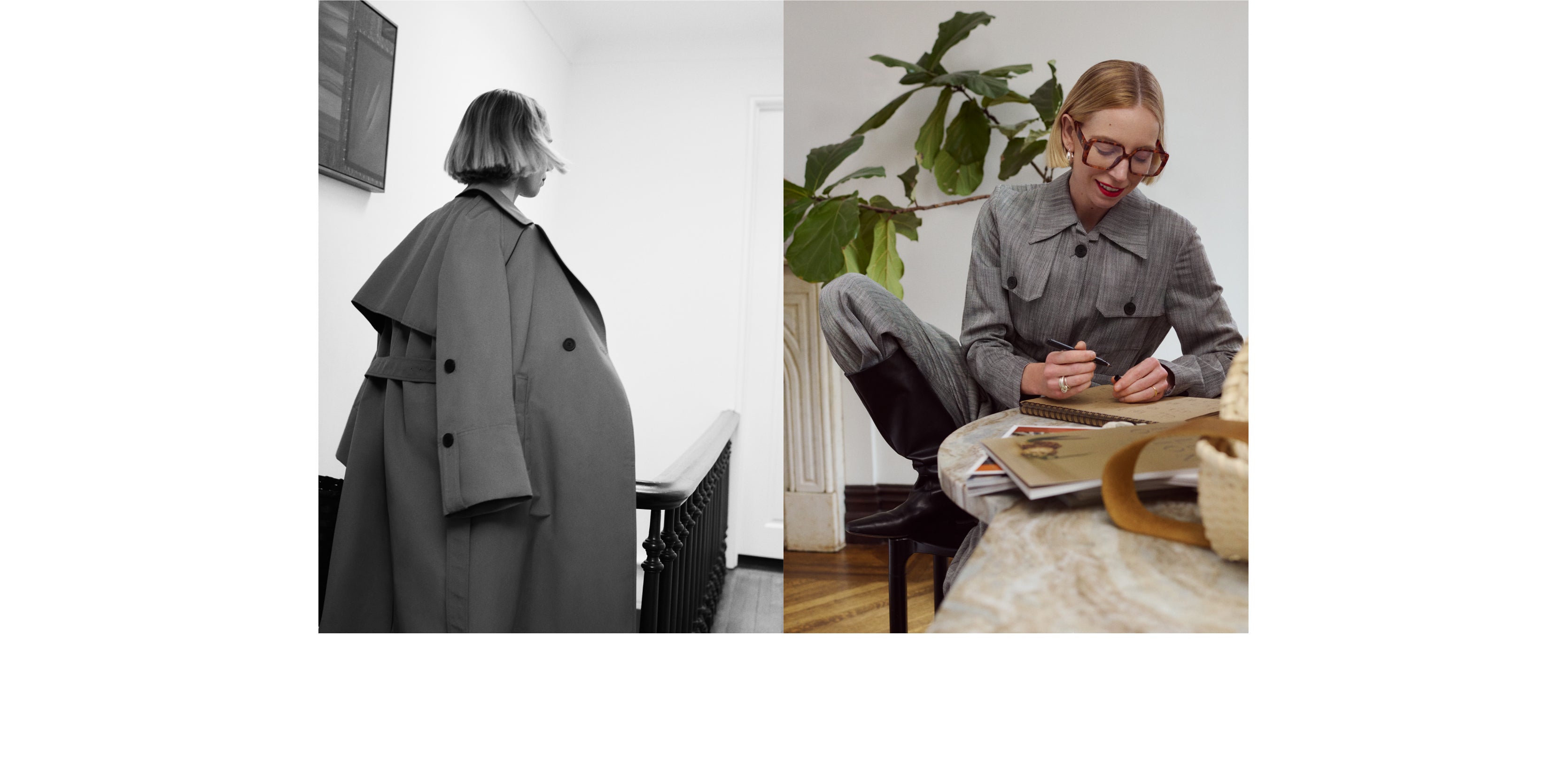 2 images of Erin Jennie Pollard surrounded by white space, on the left is a black and white image in the trench and on the right she's in the porto weave suit sketching at her kitchen table