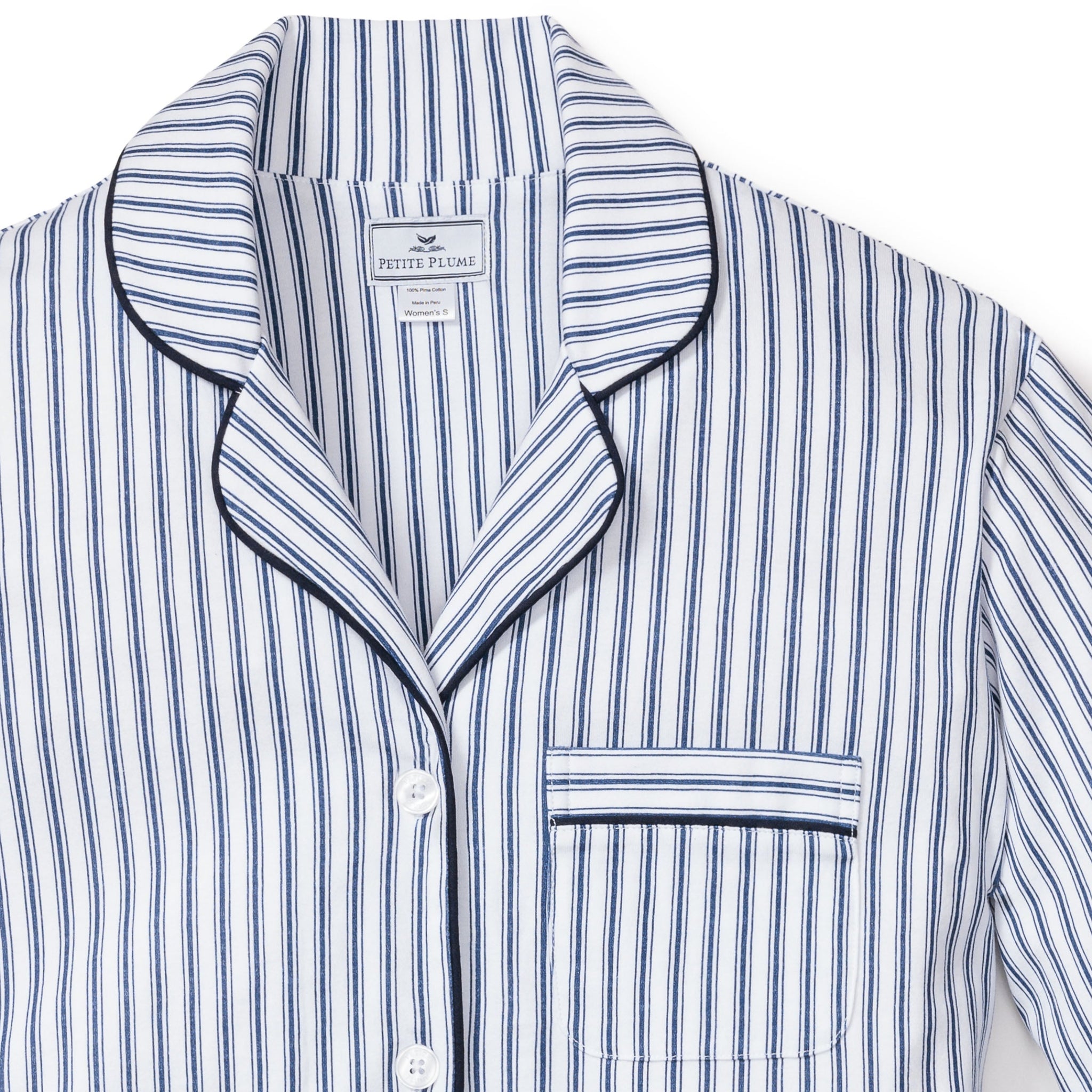 Blue and white striped pajama top with collar on a white background