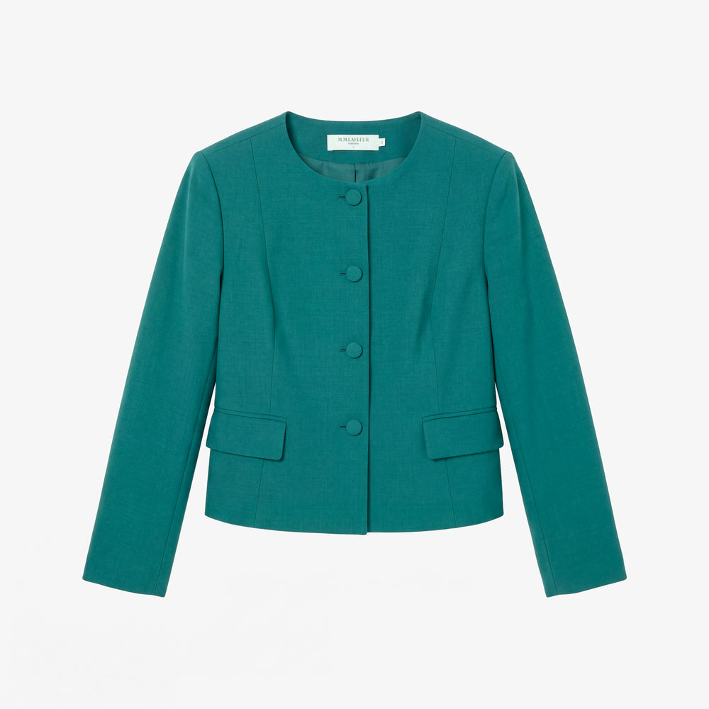 A teal green cropped jacket with long sleeves, a round neckline, and a button-up front, displayed on a clean white background.
