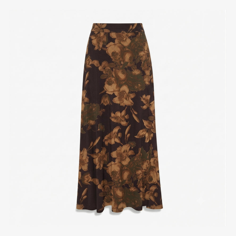 A dark brown midi skirt with a large tan and olive floral print, shown flat against a light gray background.