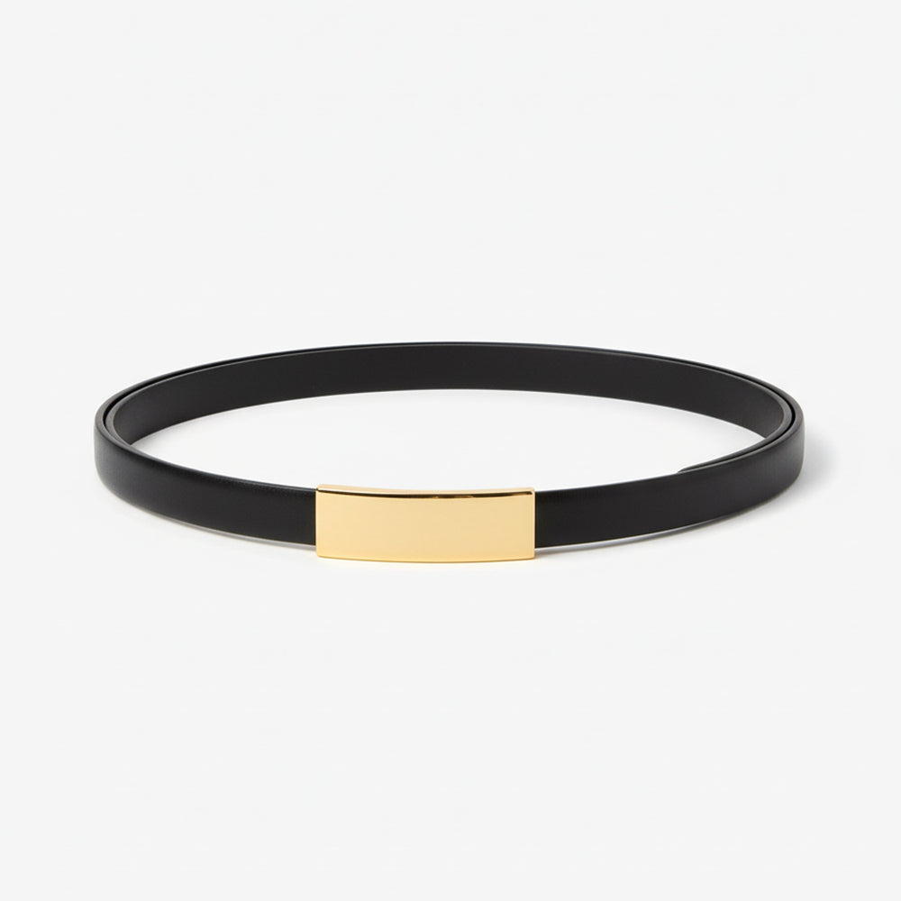 Black belt with a gold tag on a white background