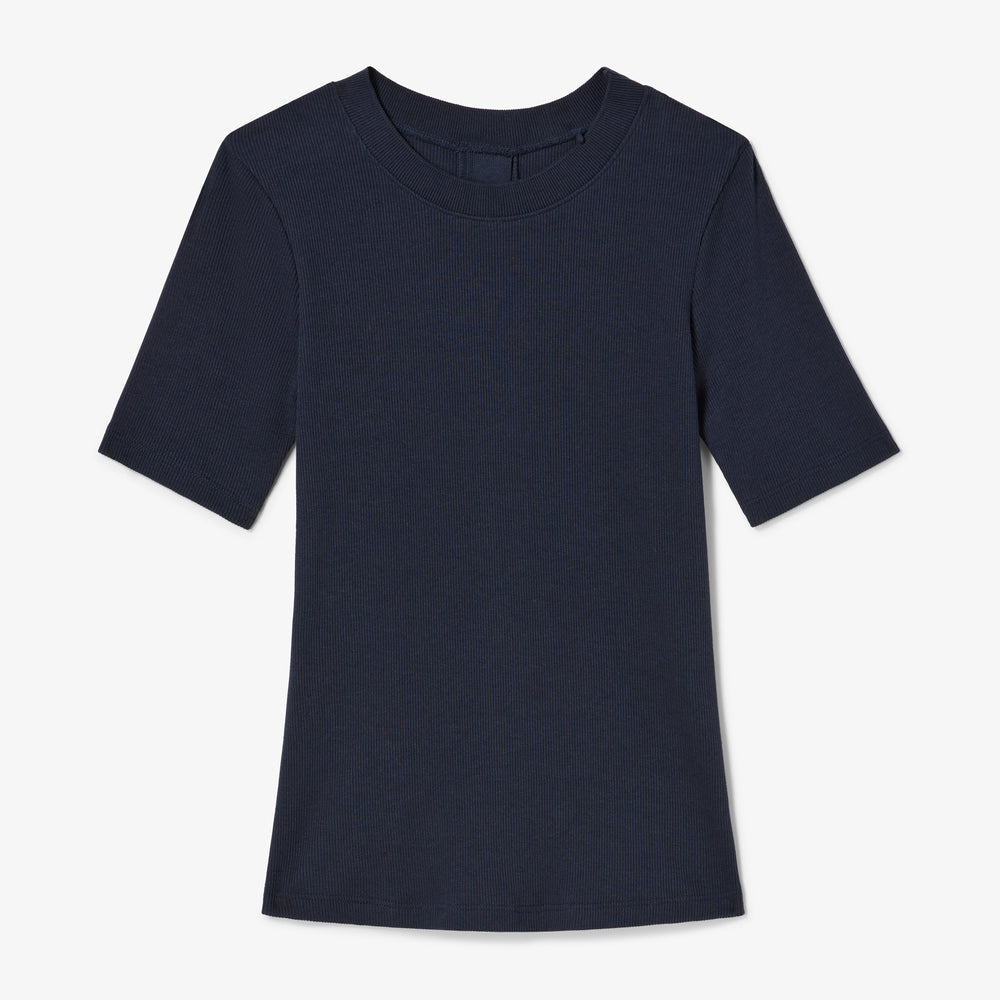 Navy blue t-shirt on a light gray background