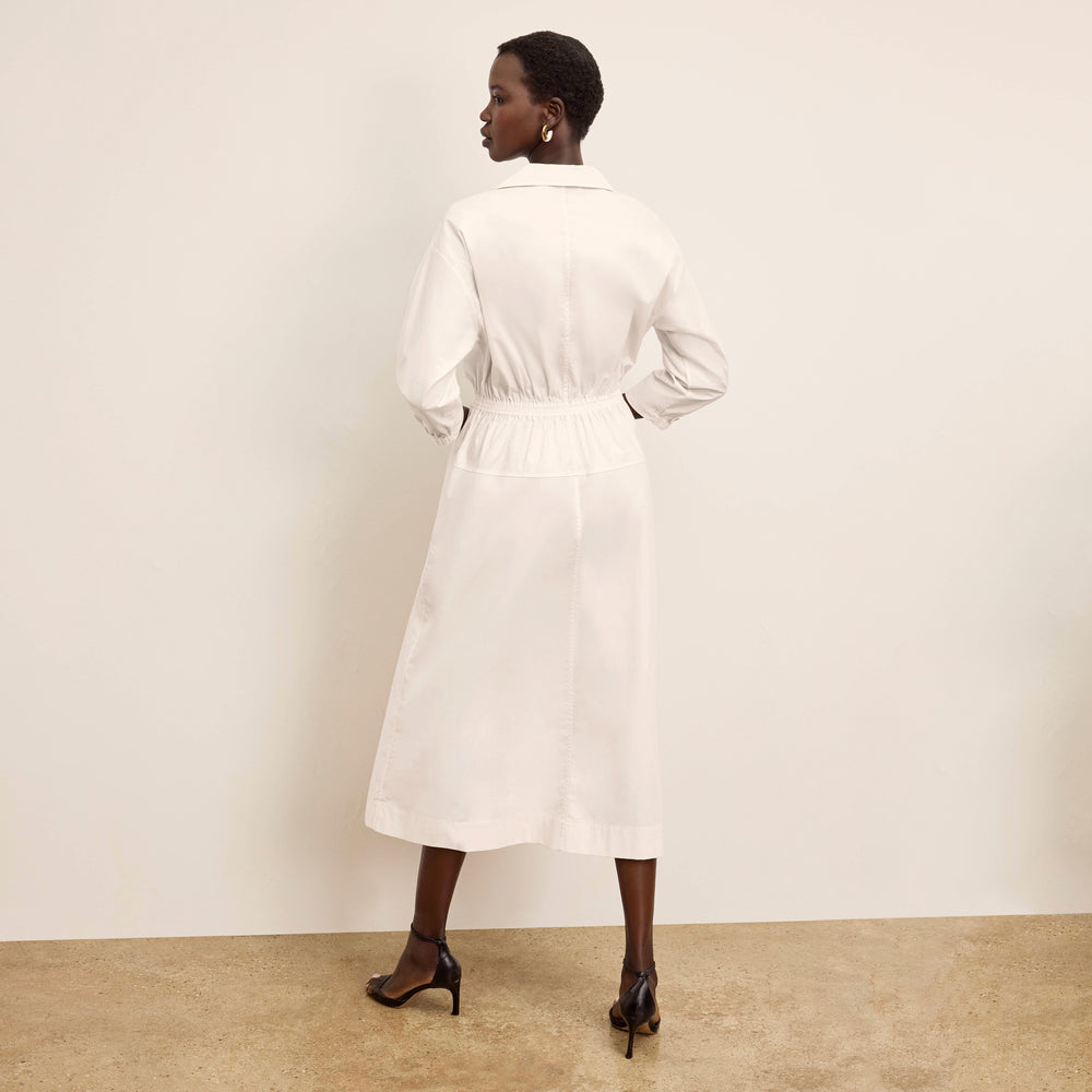 back image of a woman wearing the boden dress in eggshell