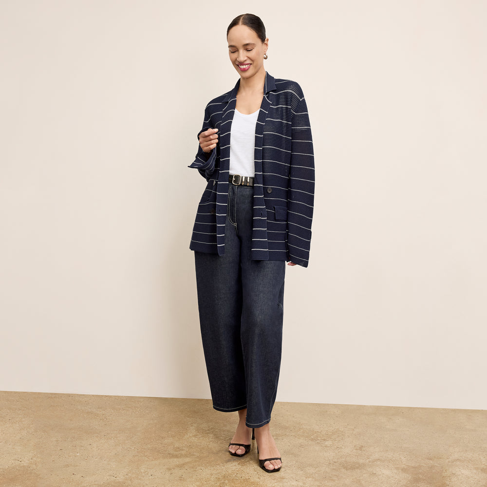 front image of a woman wearing the cody jardigan in dot knit