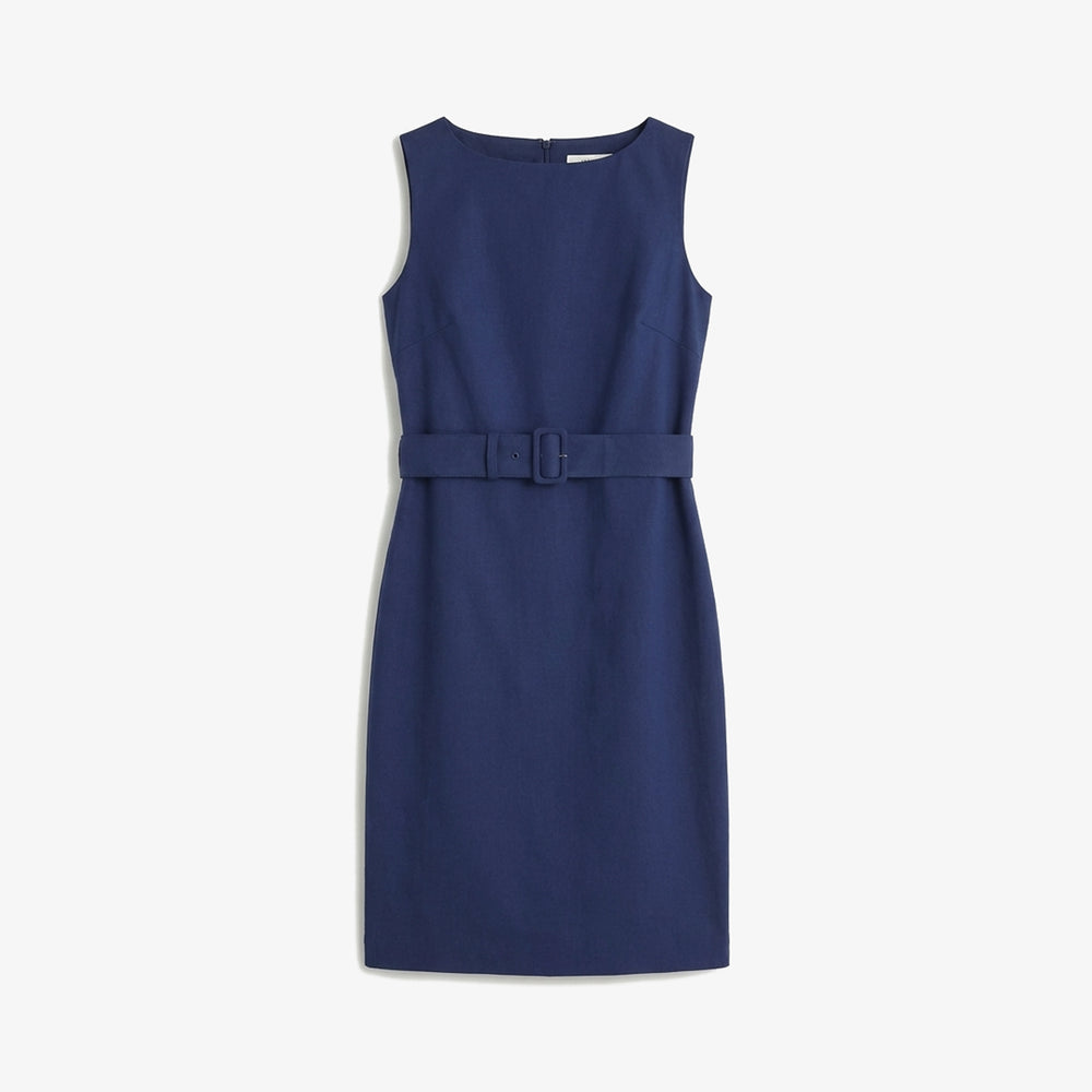 Blue dress with a belt on a white background.
