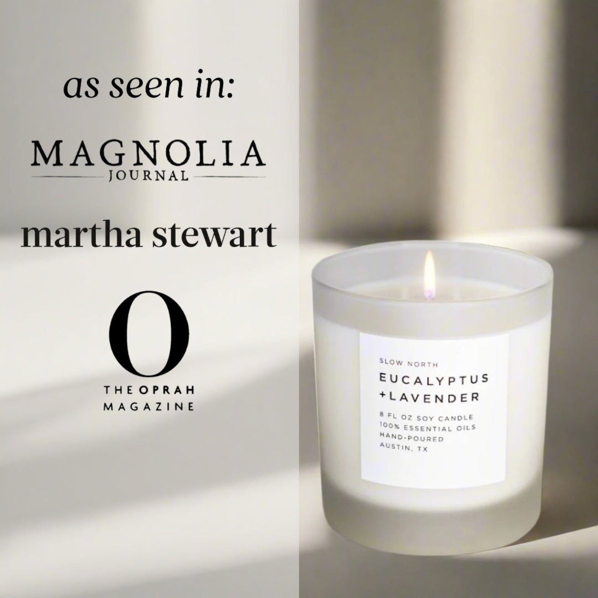 Candle with a label on a light background, featuring mentions of 'Magnolia Journal', 'Martha Stewart', and 'The Oprah Magazine'.