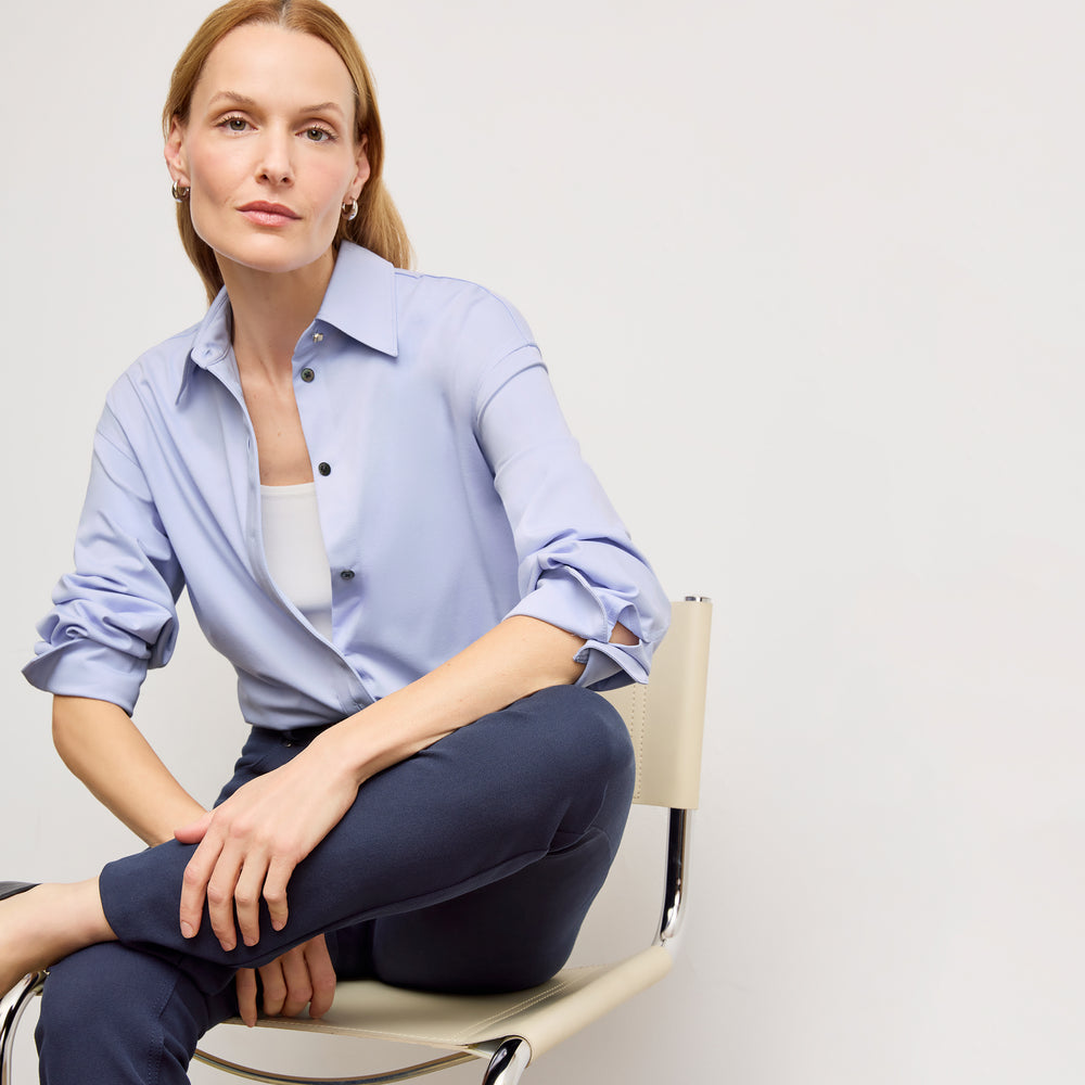 Front image of a woman wearing the Filomina Top in Hydrangea