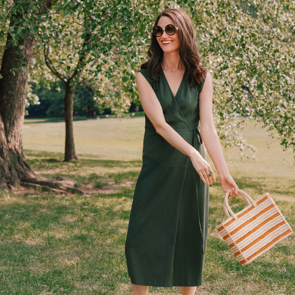 Front image of a woman wearing Marta Wrap Dress - Pima Cotton Jersey :: Rosin