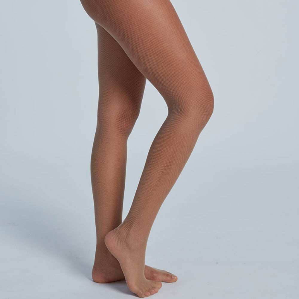 Beige sheer stockings being worn on a plain background