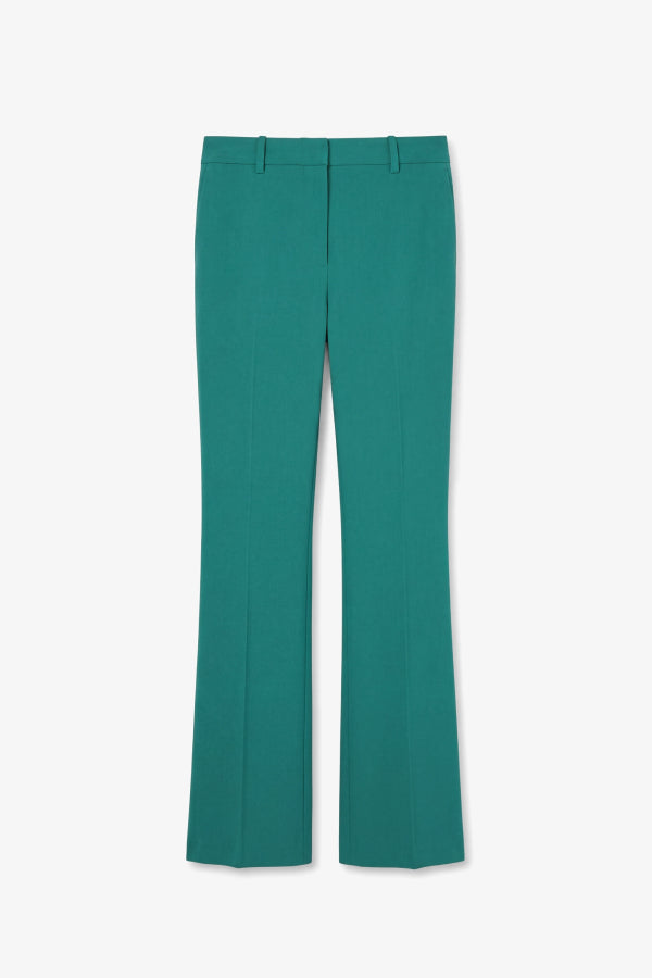 A pair of teal green wide-leg trousers shown flat against a light gray background.