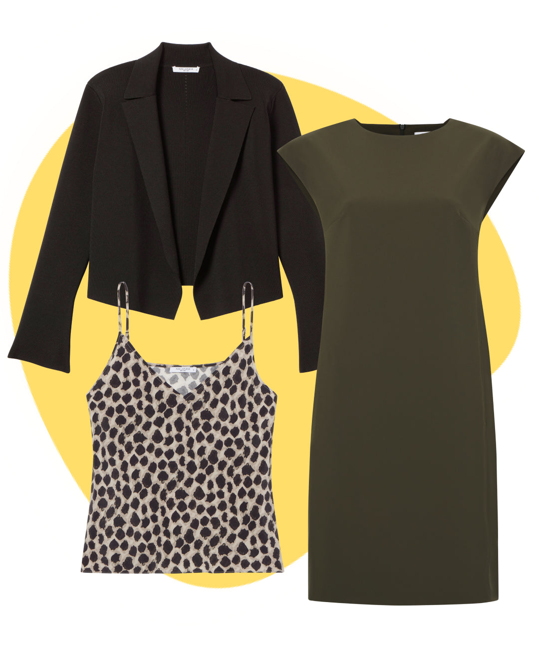 Black blazer, leopard print top, and green dress on a yellow circle background