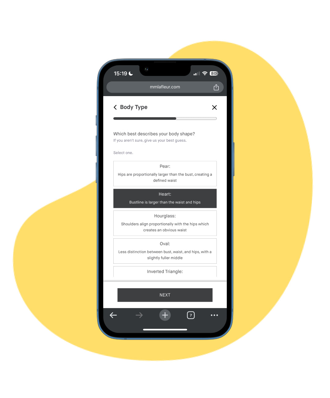 Phone screen showing a body type questionnaire app with a yellow abstract shape in the background