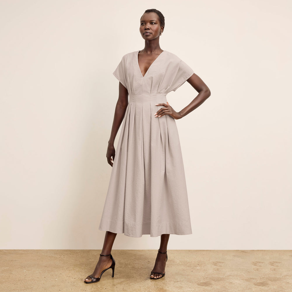 Front image of a woman wearing the Jelina Dress in Quartz Voile