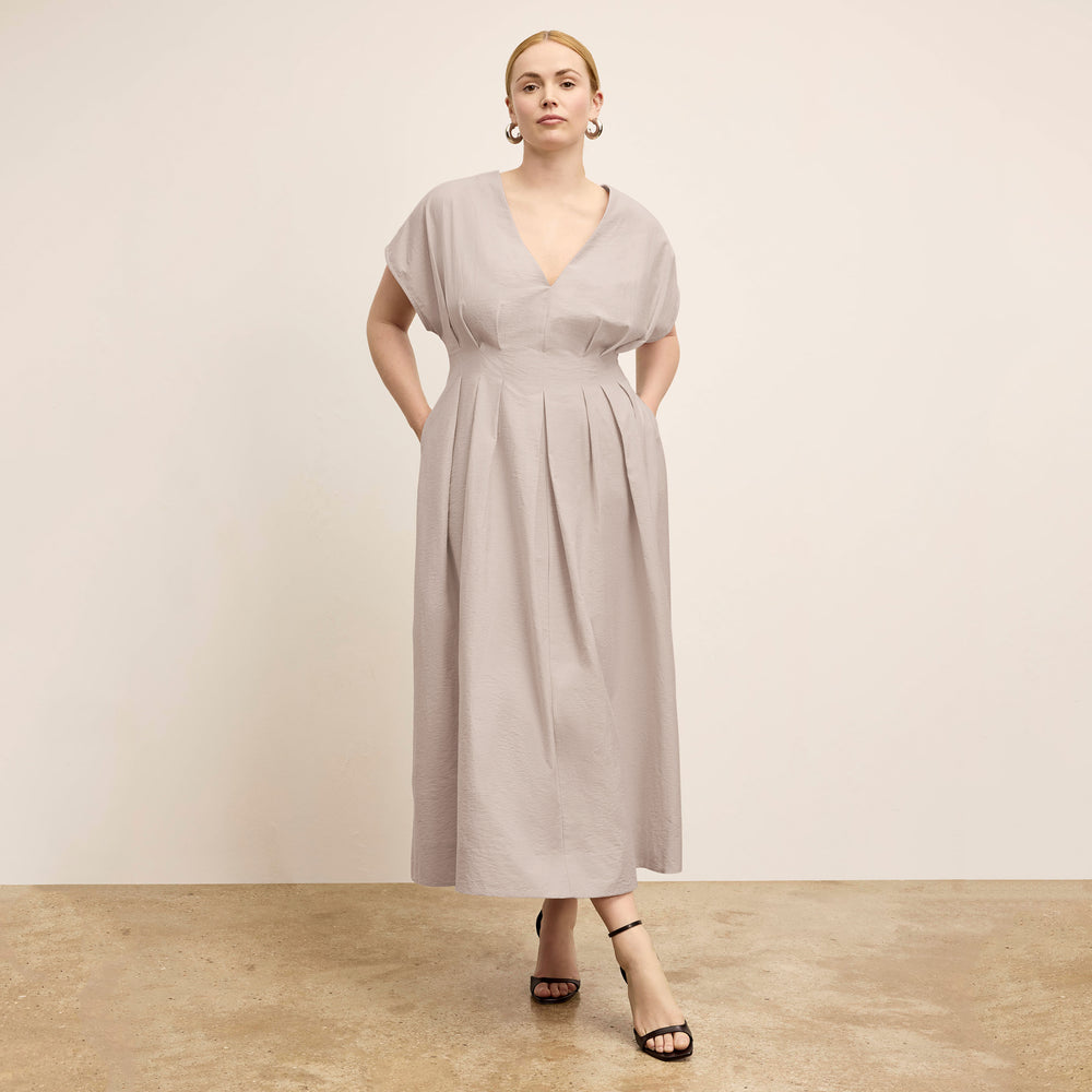 Front image of a woman wearing the Jelina Dress in Quartz Voile