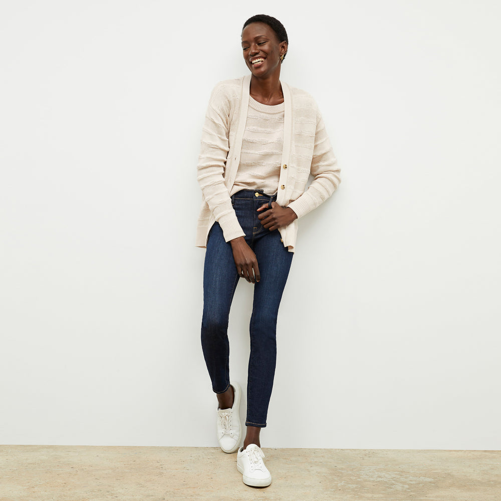 front image of a woman wearing the jo sweater in moonbeam