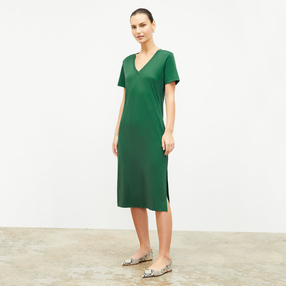 Front image of a woman wearing the renee dress in vine