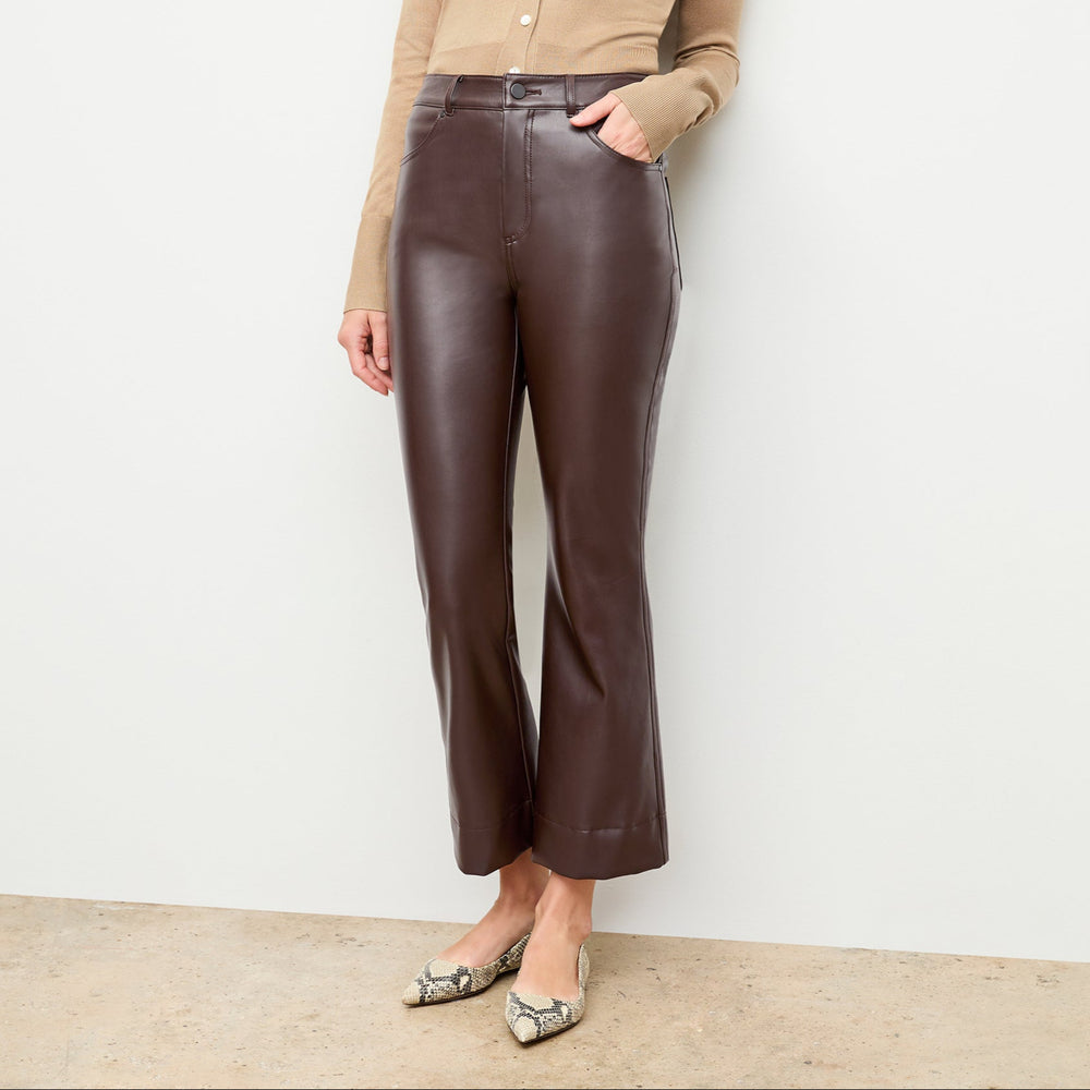 Front image of a woman wearing the archie pant in brown