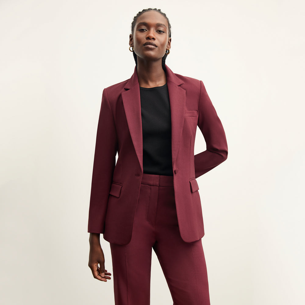 front image of a woman wearing the yiyan blazer in shiraz