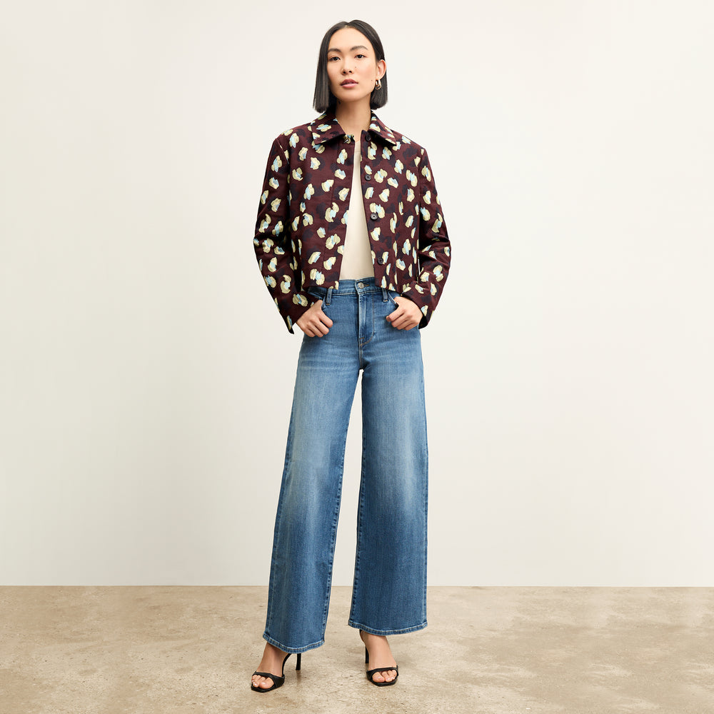 front image of a woman wearing the nicky jacket in bengal jacquard