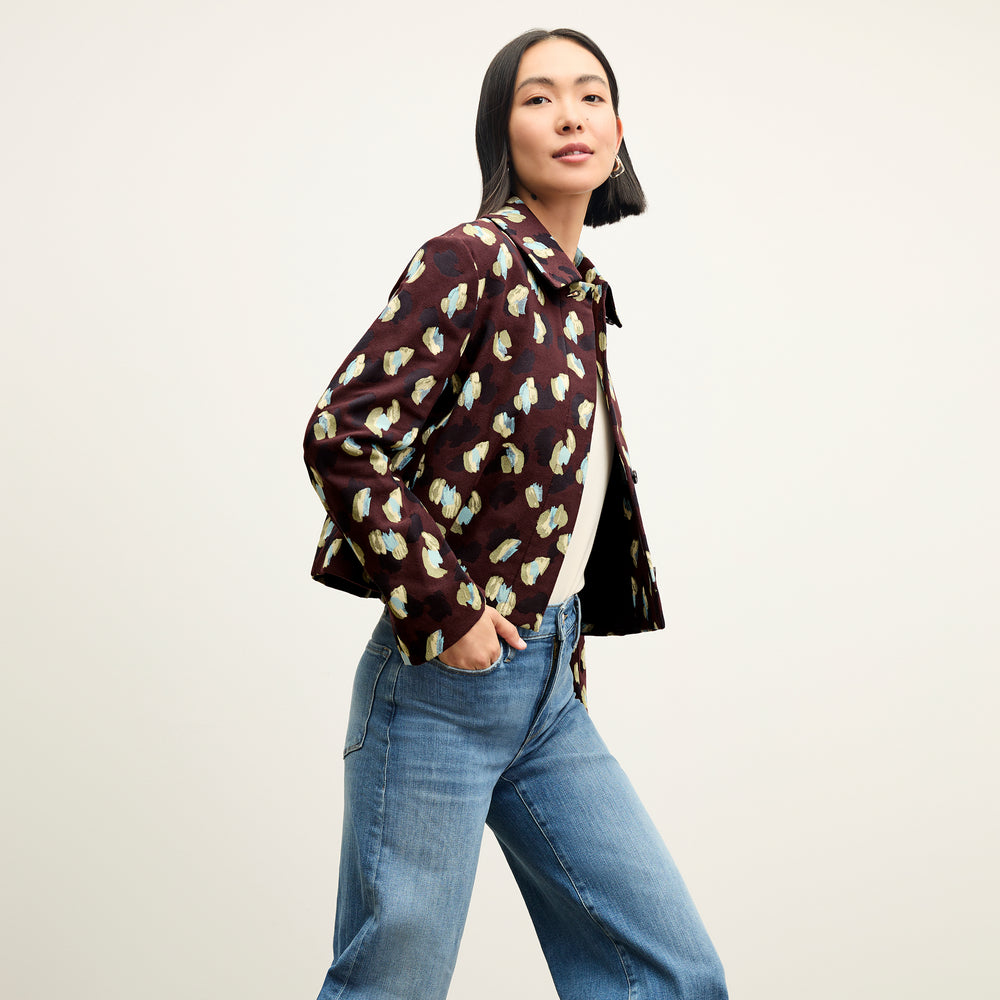 side image of a woman wearing the nicky jacket in bengal jacquard