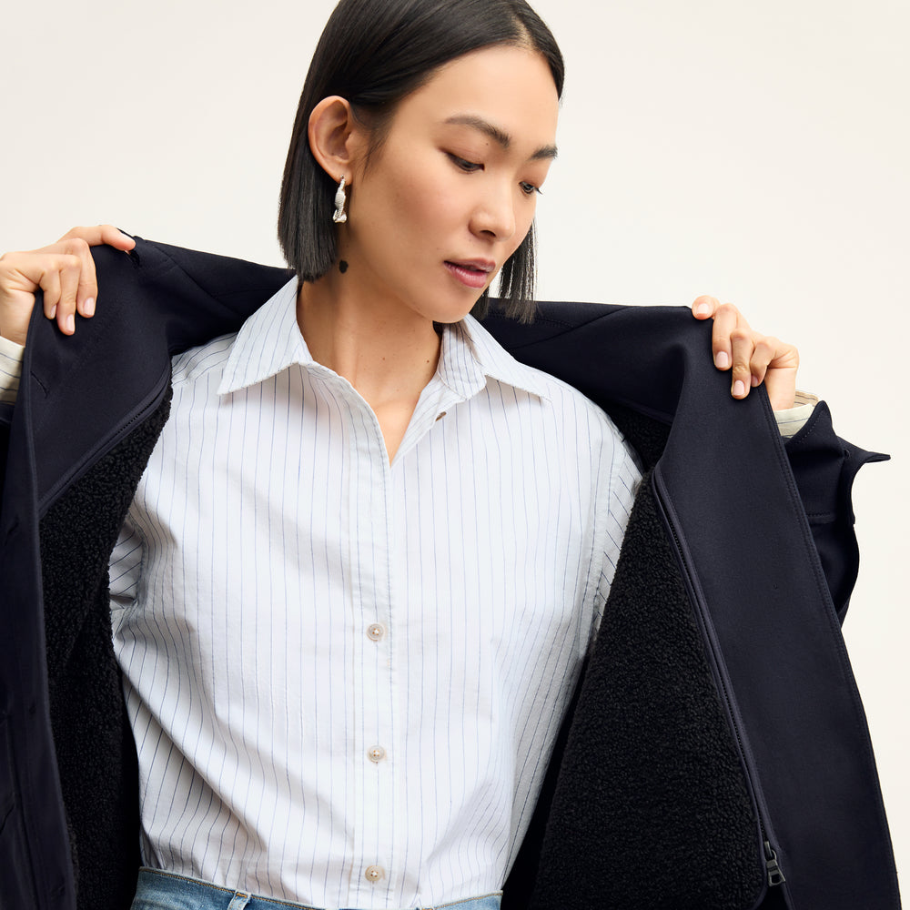 Front image of a woman wearing the steffi jacket in ink