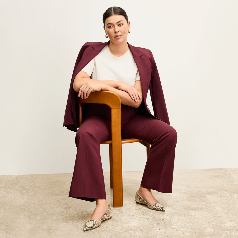 front image of a woman wearing the yiyan blazer in shiraz