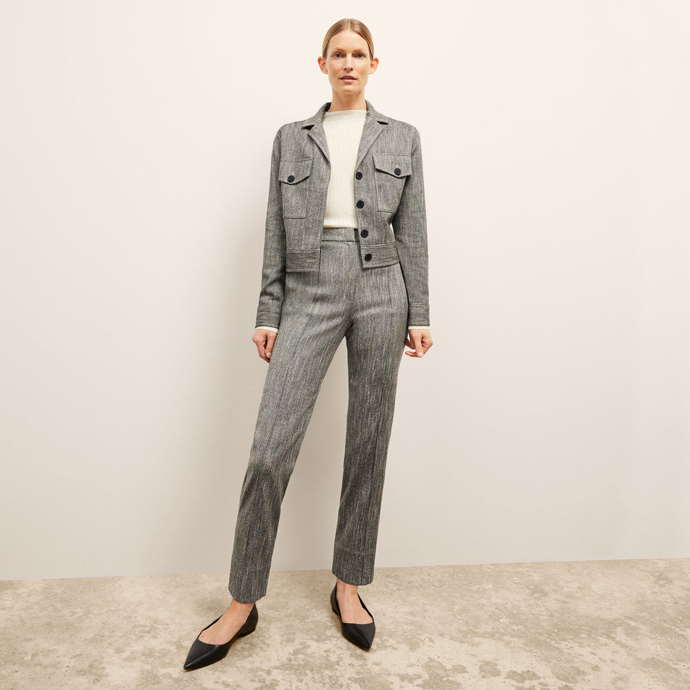 front image of a woman wearing the pearl pant in black/ivory