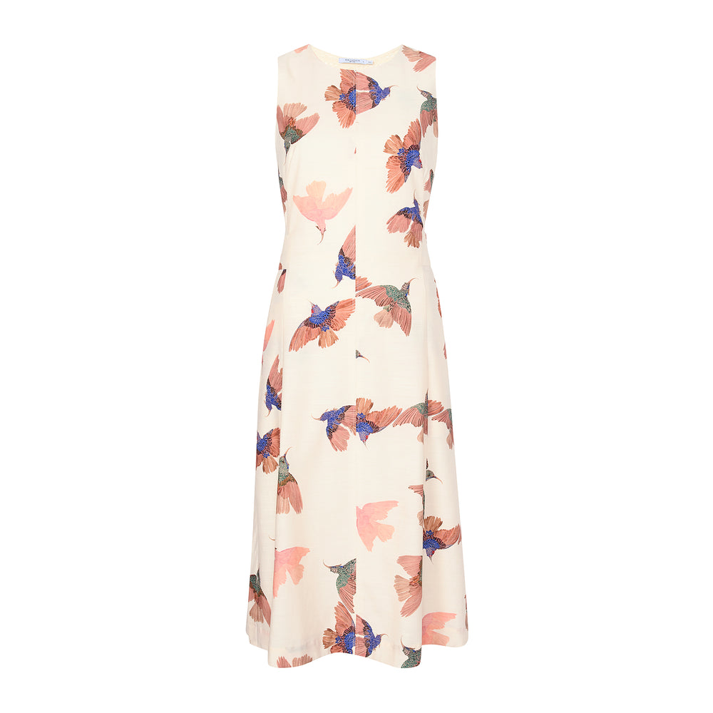 packshot image of the estela dress in hummingbird print