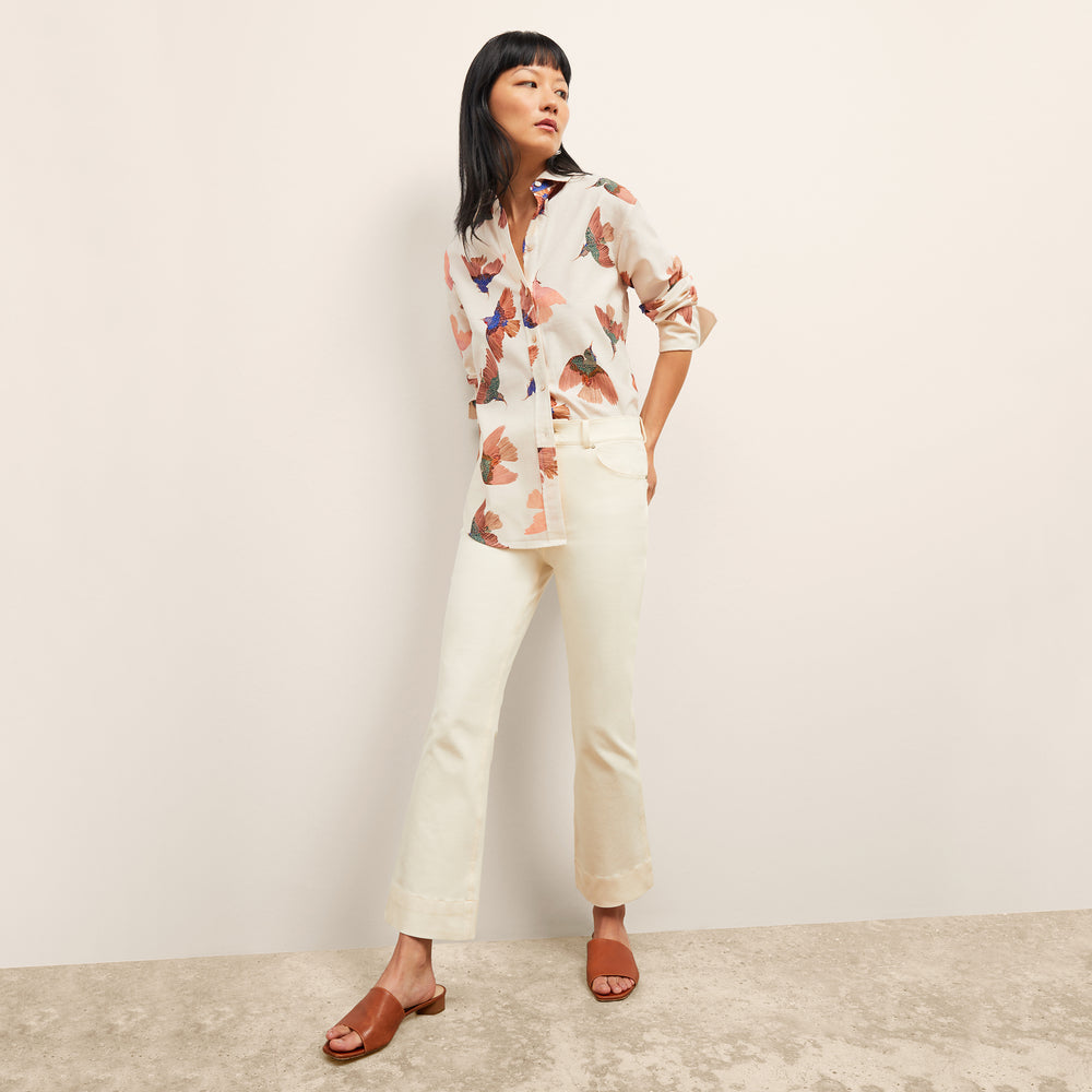 Front image of a woman wearing the Archie Jean in Tusk