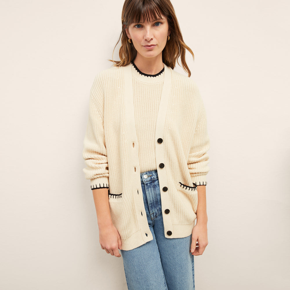 front image of a woman wearing the cookie cardigan in contrast knit