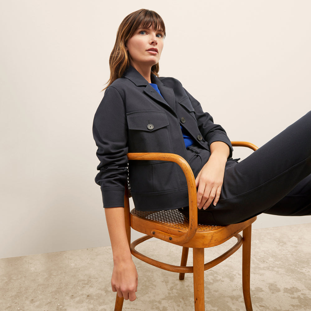 front image of a woman wearing the rhoda jacket in ink
