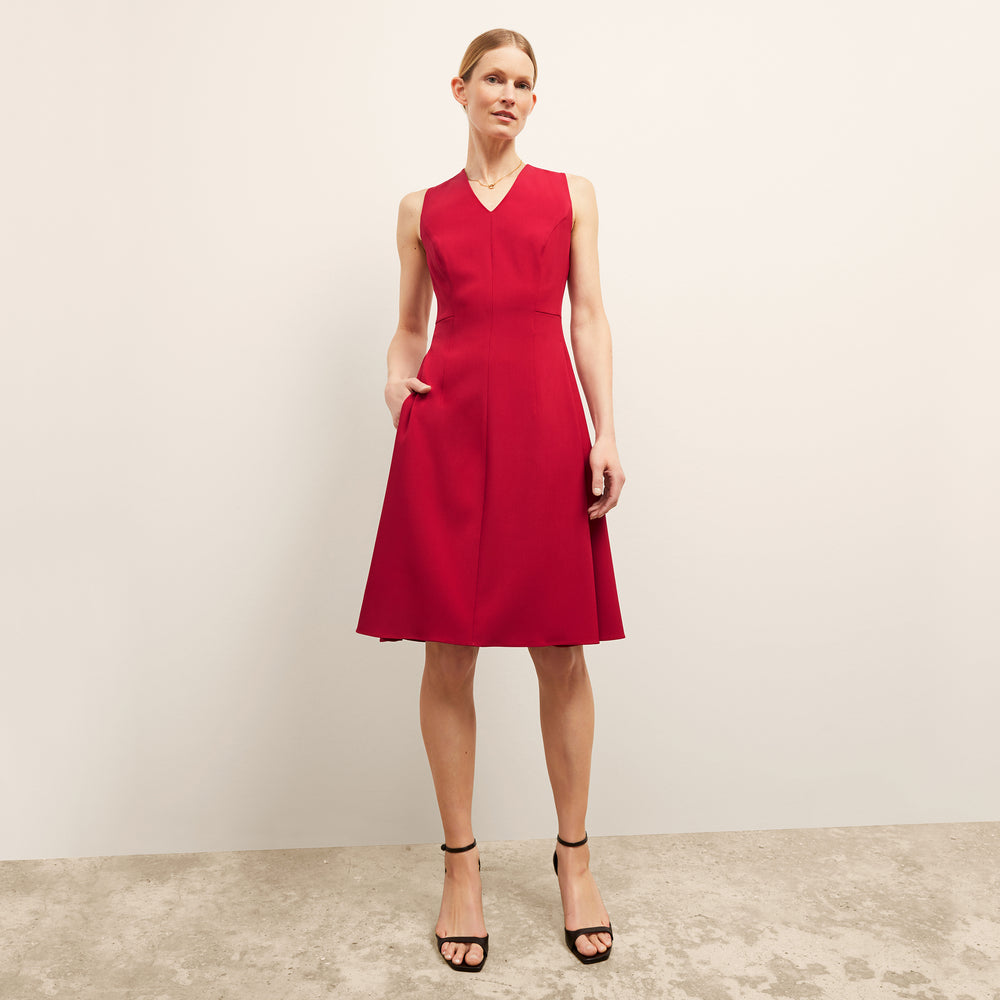 front image of a woman wearing the jaycie dess in rhubarb