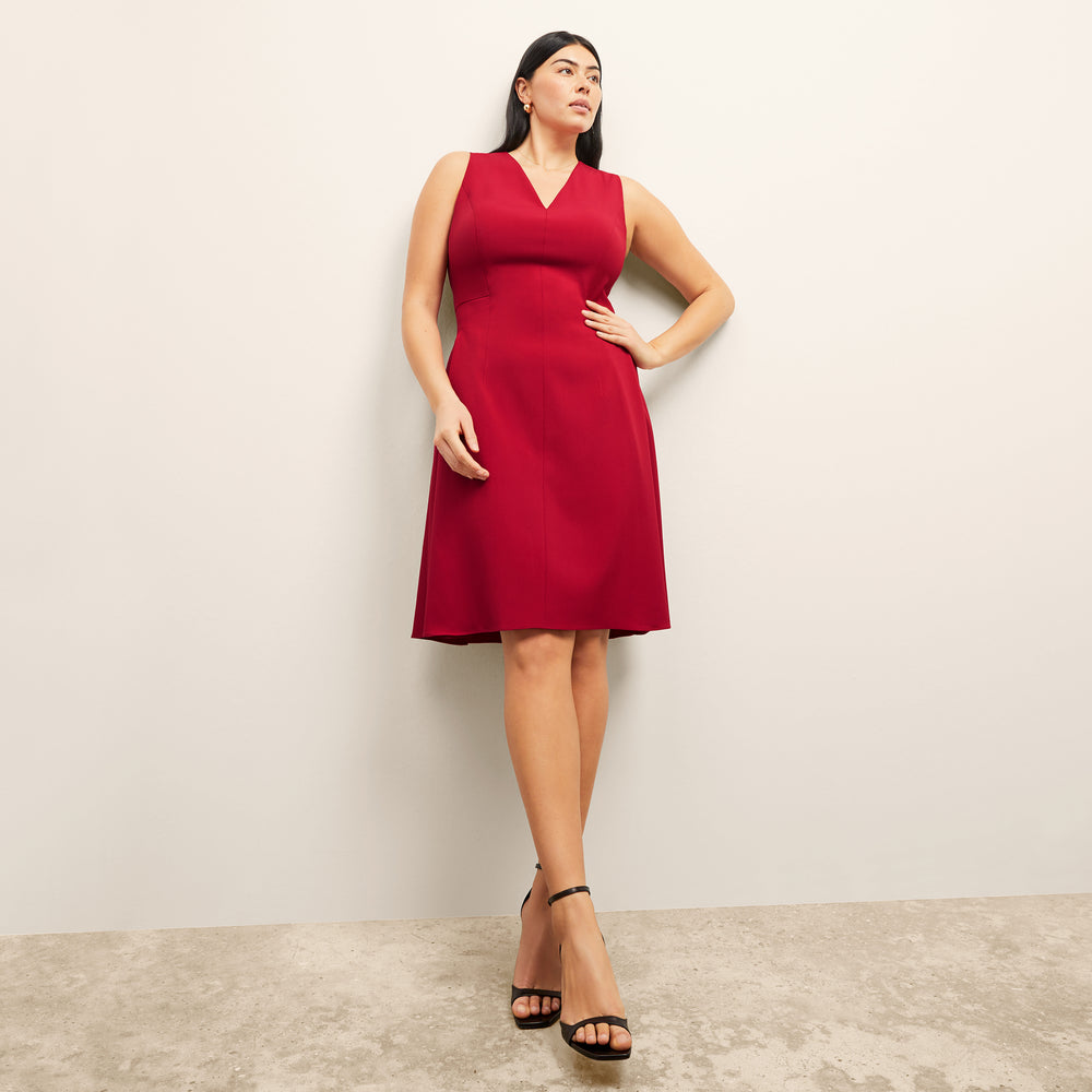 front image of a woman wearing the jaycie dess in rhubarb