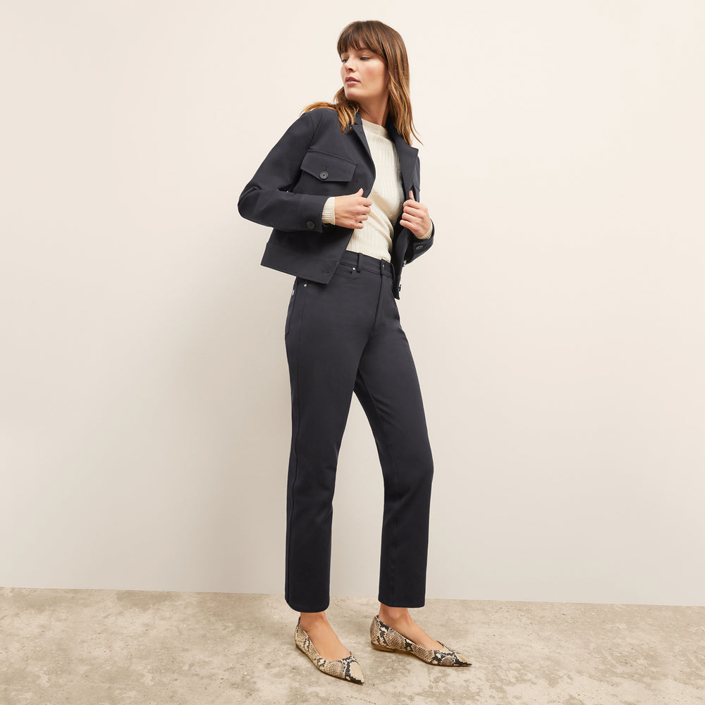 front image of a woman wearing the rhoda jacket in ink