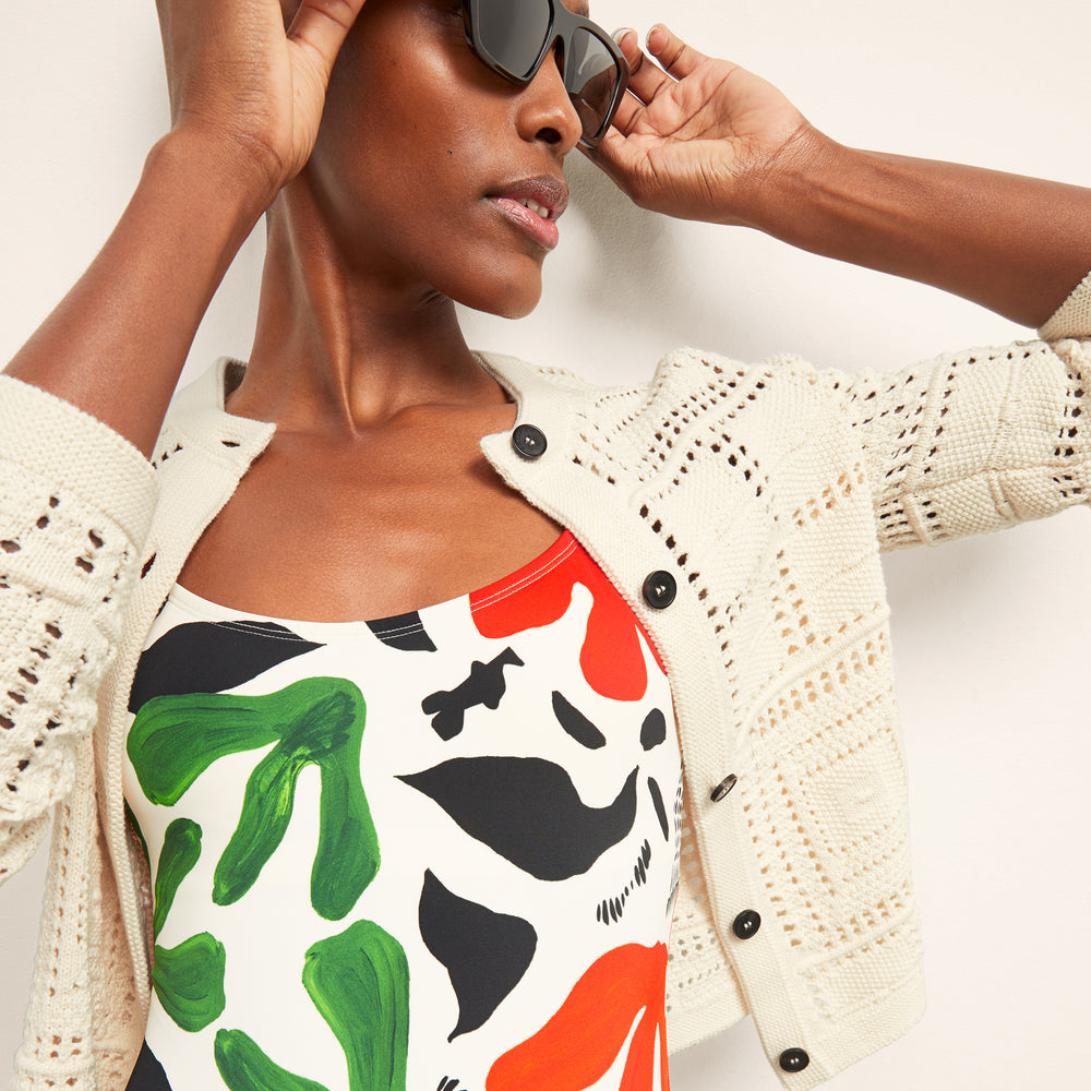 front image of a woman wearing the M.M.LaFleurxAndie Amalfi One Piece in Cutout Floral