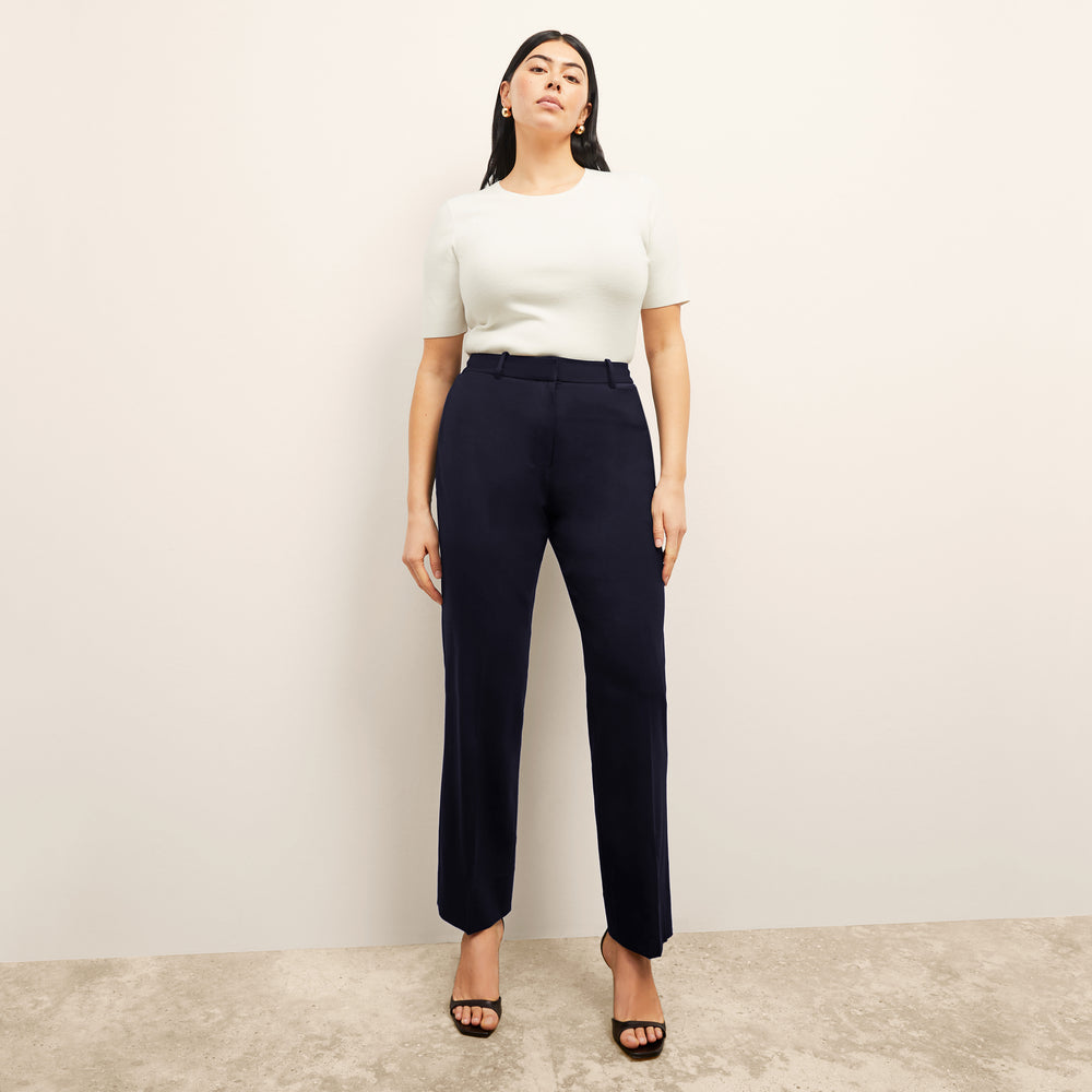 front image of a woman wearing the smith pant in galaxy blue