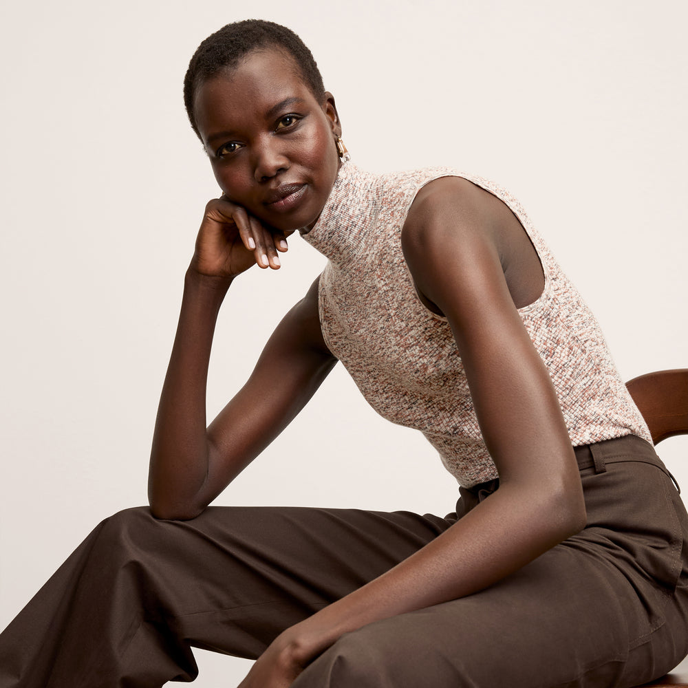 Front image of a woman wearing the Koa Top in Space Dye Rib Knit Brown Multi
