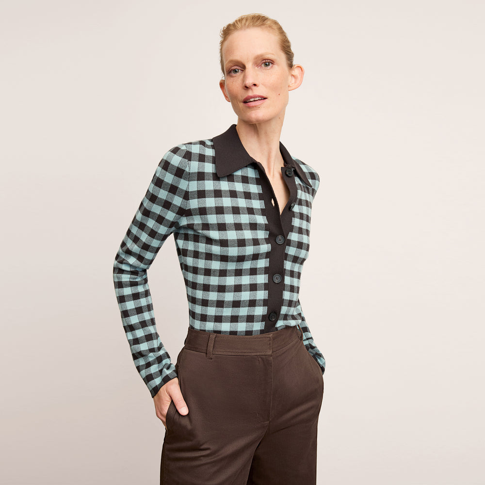 Front image of a woman wearing the Lacie Top in Picnic Check