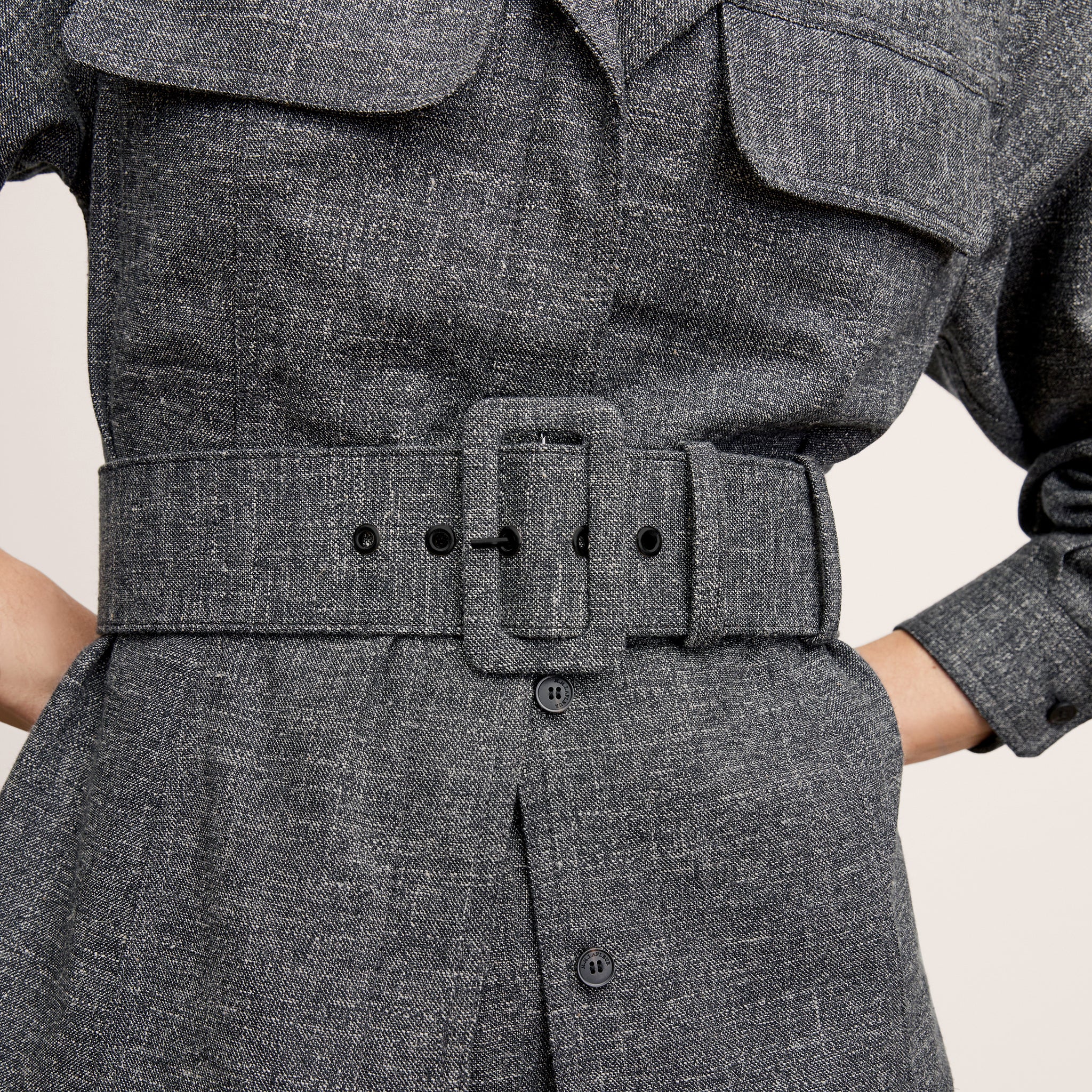 detail image of a woman wearing the natalia jacket in black/white