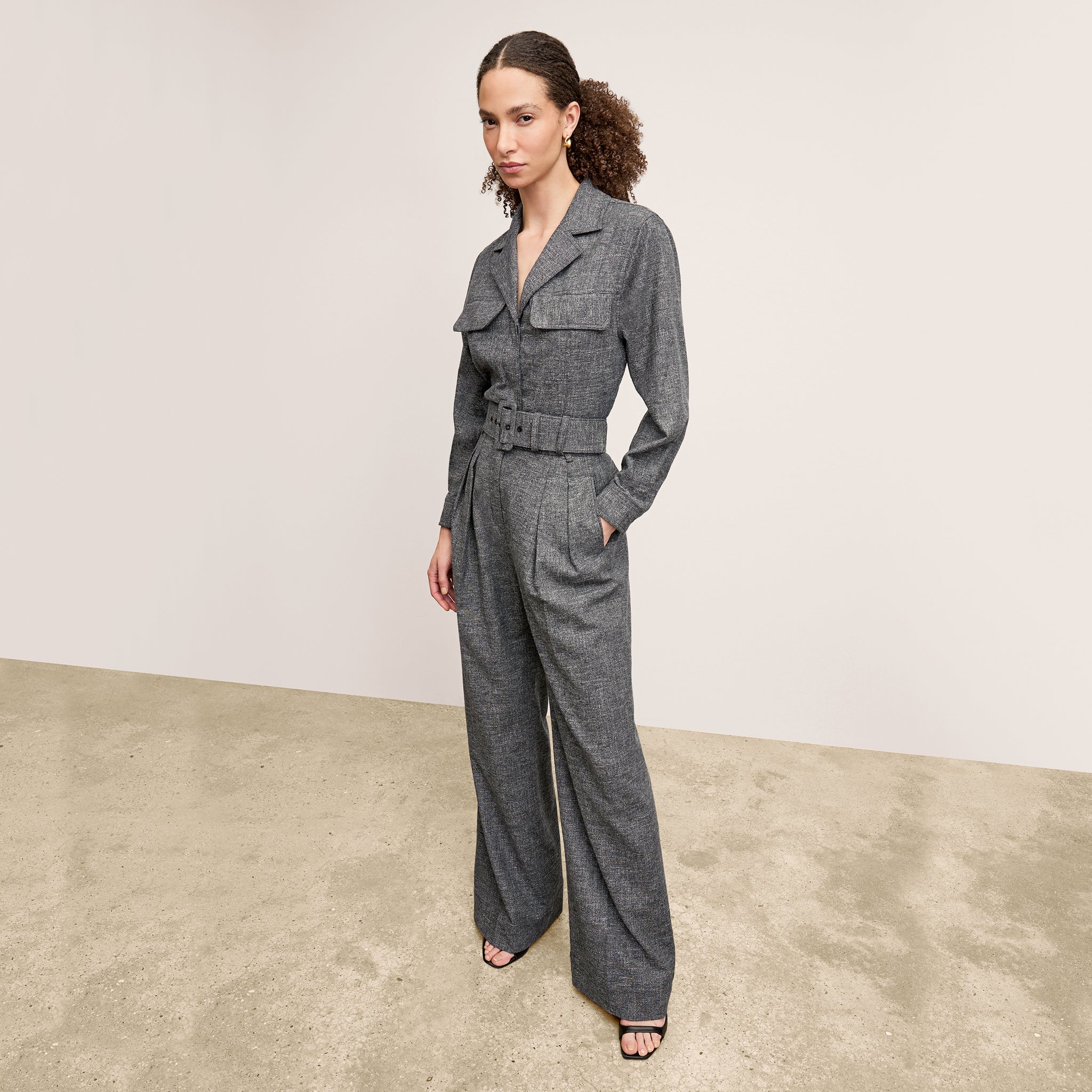 front image of a woman wearing the natalia jacket in black/white