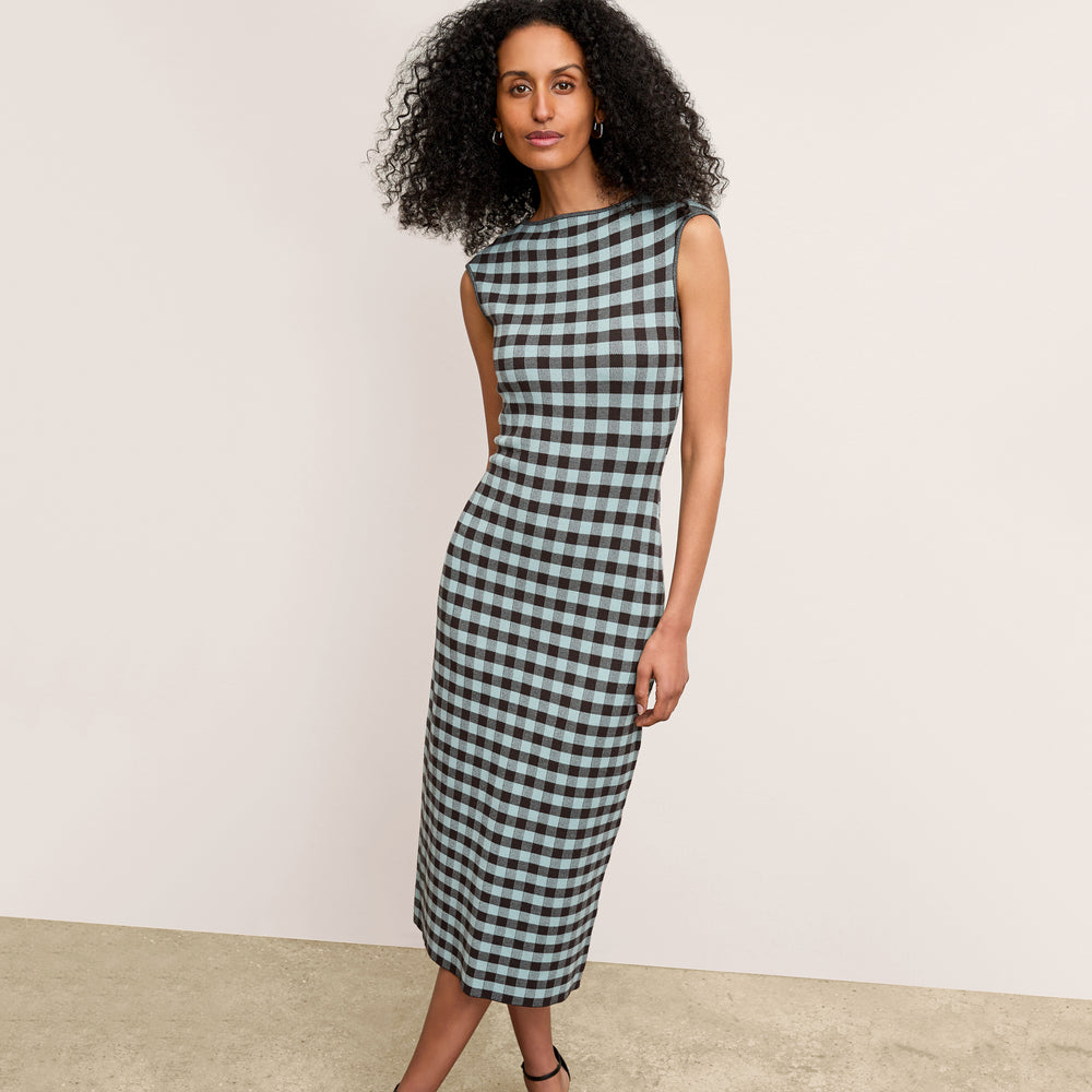 Front image of a woman wearing the Ziggy Dress in Picnic Check