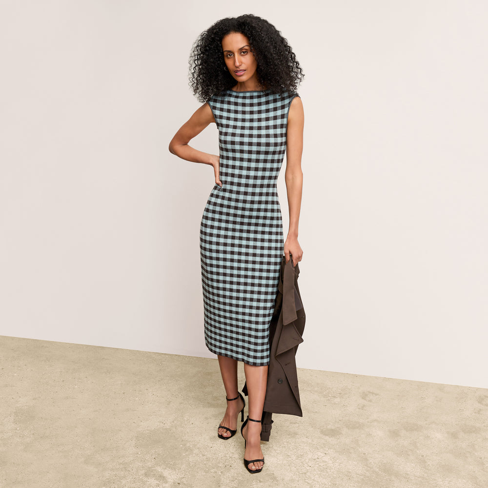 Front image of a woman wearing the Ziggy Dress in Picnic Check