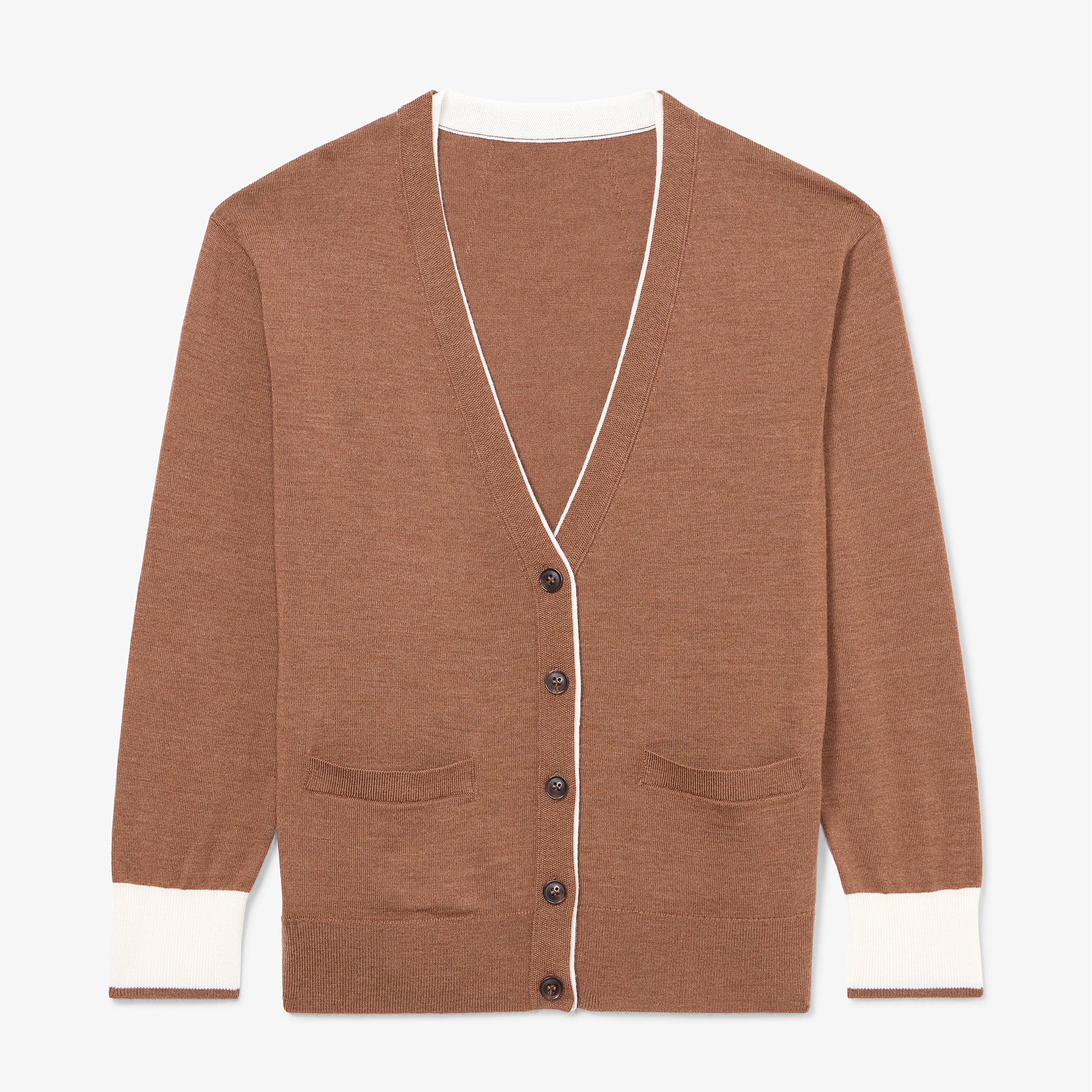 packshot image of the cookie cardigan in camel/ivory