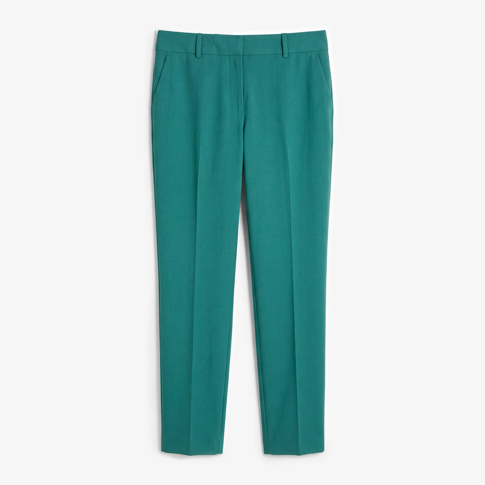 A pair of teal green tailored trousers shown flat against a light gray background.