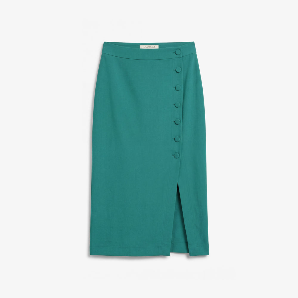 A teal green wrap-style pencil skirt with a front button closure and side slit, shown flat against a light gray background.