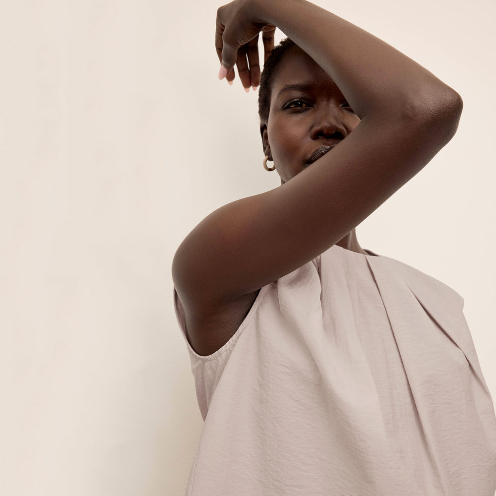 Front image of a woman wearing the Nika Top in Quartz Voile