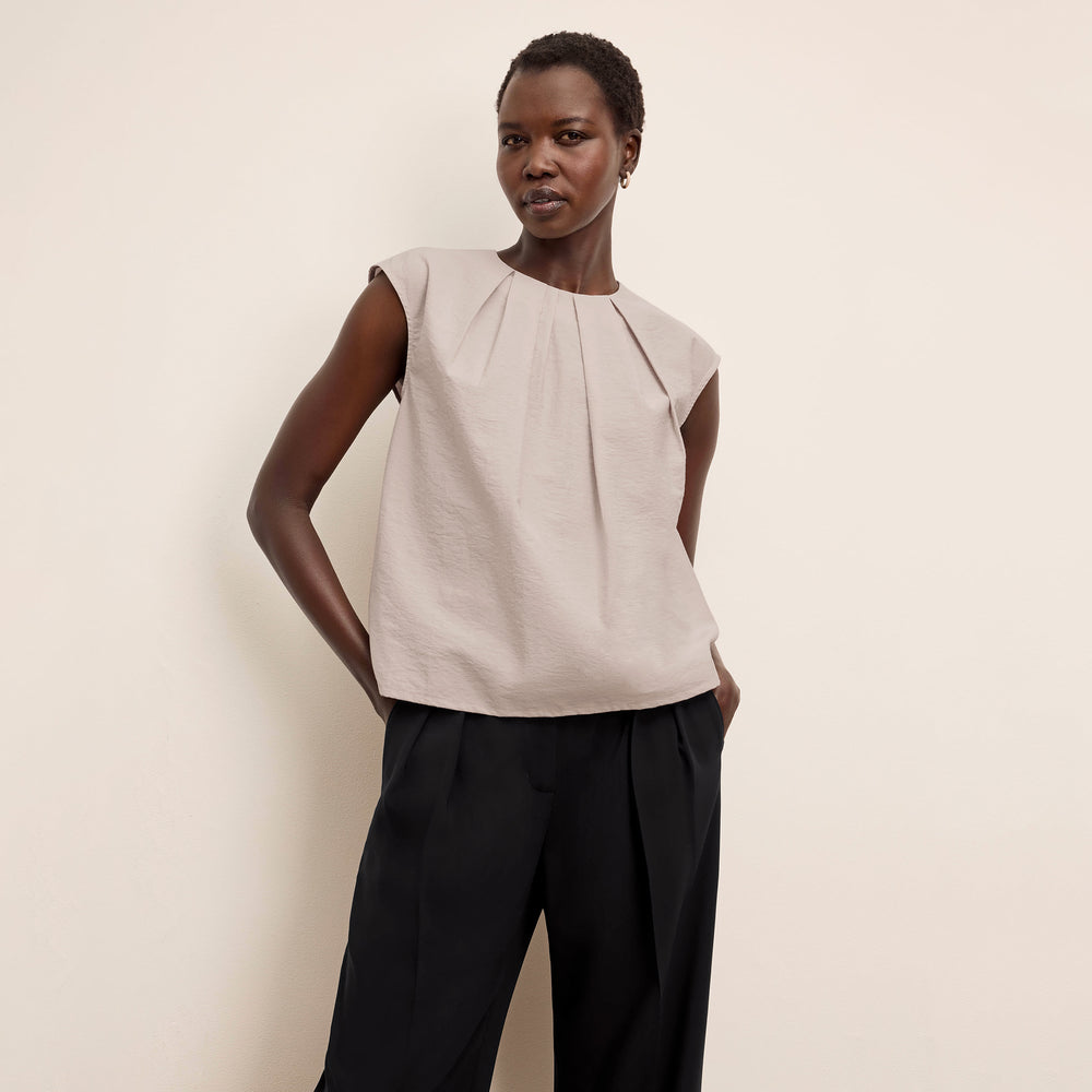 Front image of a woman wearing the Nika Top in Quartz Voile