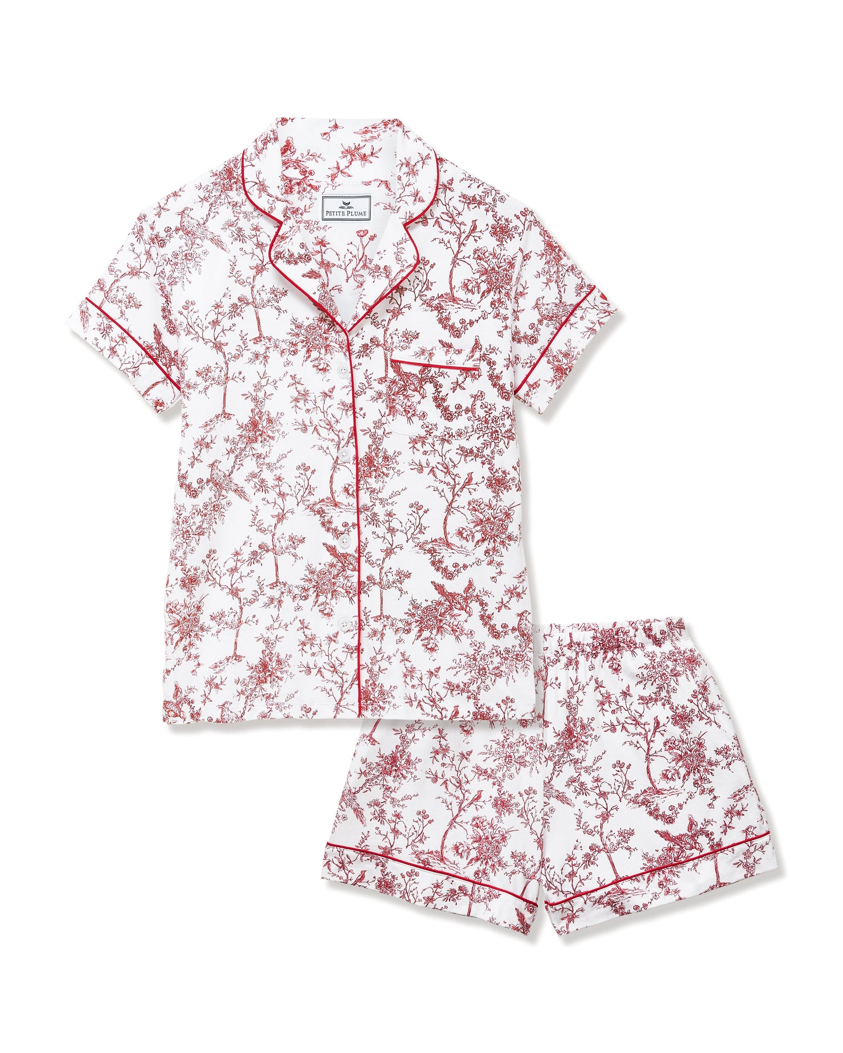 Floral pajama set with red and white pattern on a white background 
