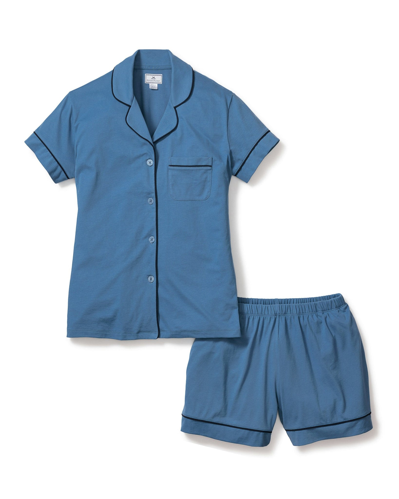 Blue pajama set with shorts on a white background 